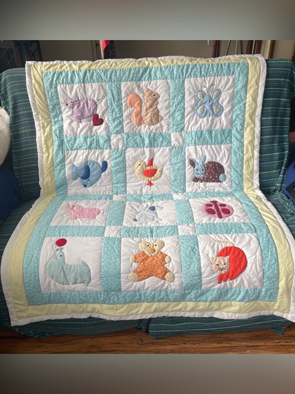 Handmade Baby Patchwork Animal Appliqué Quilt in Pastel Blue & Yellow